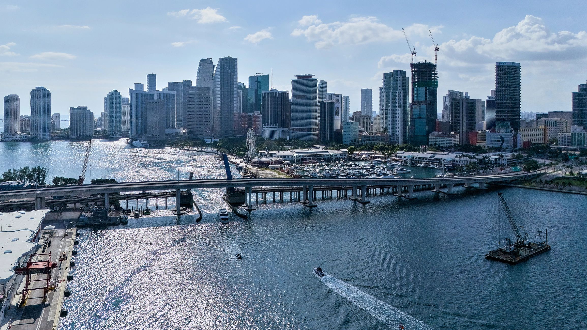 Downtown Miami skyline and bridge over Biscayne Bay